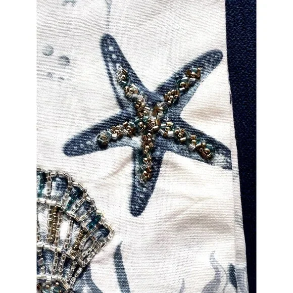 OCEAN Starfish Shell Kitchen Towel Set of 2 Sequins Blue Coral Beach 18"x28" - Picture 5 of 7
